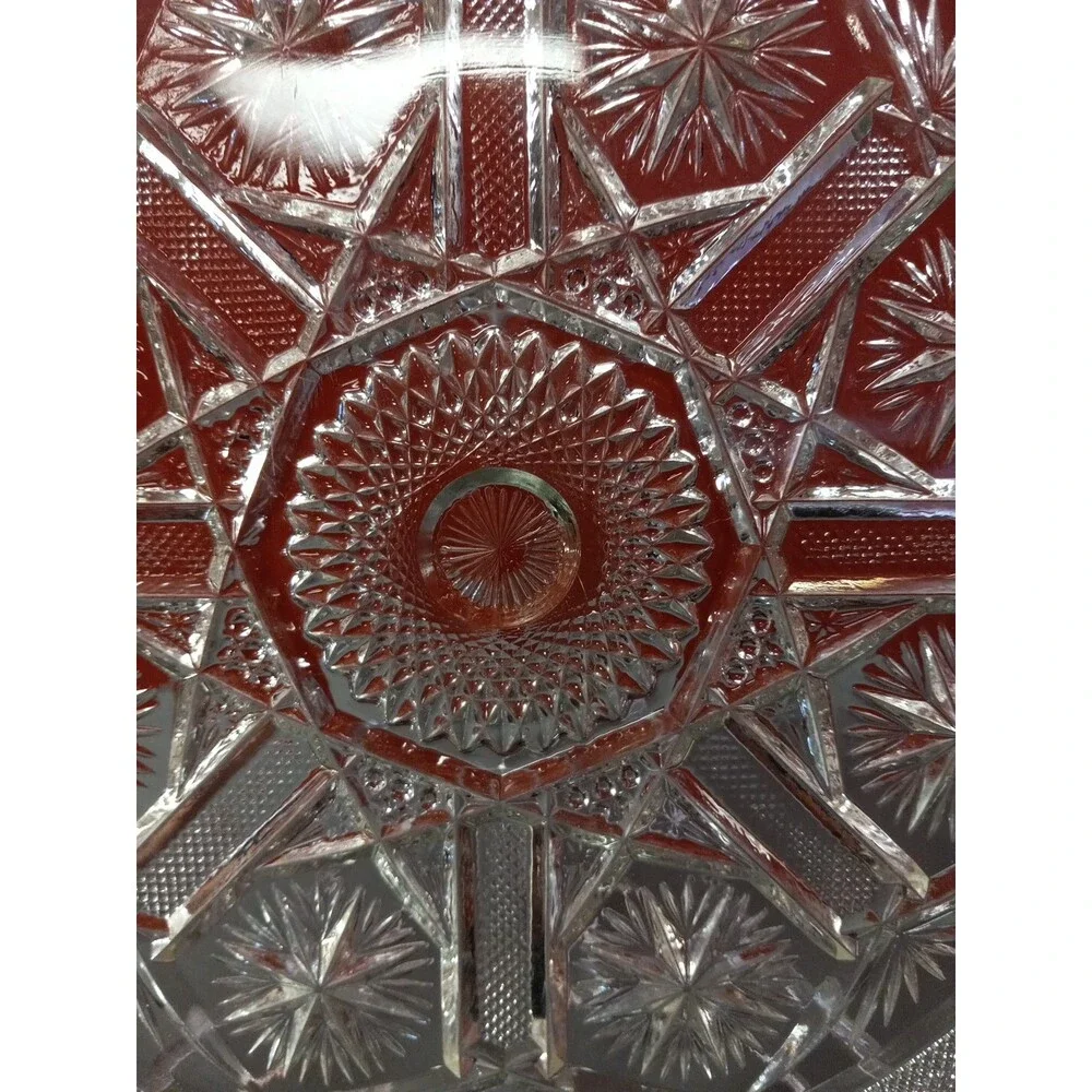 Vtg Cut Glass Round Tray Crosshatched Lip-Starbursts Hobstars...